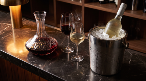 Crystal wine decanter with red wine beside a stainless steel bottle chiller keeping white wine cold, illustrating the right wine serving temperature