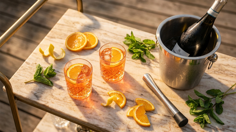Overhead flat lay of two spritz cocktails in crystal spritz glasses with orange garnish, beside a chilled prosecco bottle in a steel bottle chiller and a stainless muddler on a marble bar cart