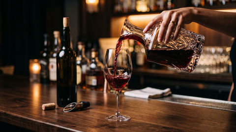 Crystal wine decanter pouring red wine into a glass on a dark bar counter, illustrating how to decant wine at home