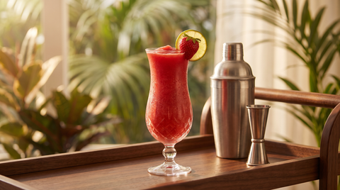 Frozen strawberry daiquiri in a crystal hurricane glass on a bar cart with a cocktail shaker and jigger, garnished with strawberry and lime