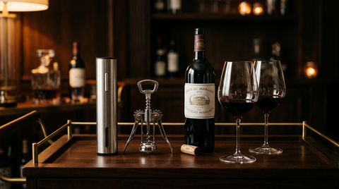 Electric wine corkscrew and winged corkscrew displayed on a bar cart next to an open bottle of red wine and two glasses