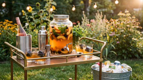 Backyard Labor Day cocktail party bar cart with a bourbon peach punch, insulated wine bottle chiller, and glacier ice rocks