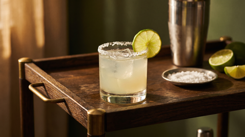 Classic margarita in a salt-rimmed glass on a dark wood bar cart, styled next to a Sipcase cocktail shaker