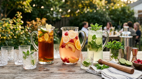Pitchers of big-batch Labor Day cocktails including rosé sangria and a dark and stormy, styled on an outdoor bar cart with a cocktail shaker and muddler