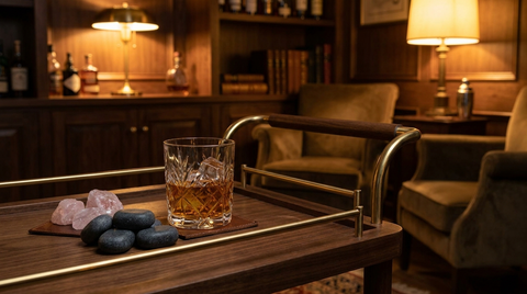 Glacier rocks basalt whiskey stones and rose quartz chilling stones beside a crystal Old Fashioned glass of bourbon on a dark wood bar cart