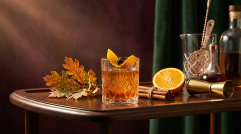 Amber Old Fashioned cocktail in a crystal whiskey glass on a dark wood bar cart surrounded by fall foliage, cinnamon sticks, and a brass jigger