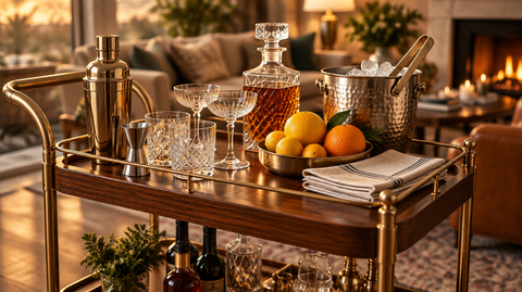 Fully stocked wooden bar cart with cocktail shaker, jigger, crystal decanter, ice bucket, and glassware for a home bar essentials checklist