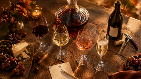 Overhead view of an at-home wine tasting party setup with a crystal decanter, four stemmed wine glasses holding red, white, rose, and sparkling wine, a wine opener, and a cheese board on a rustic wood table