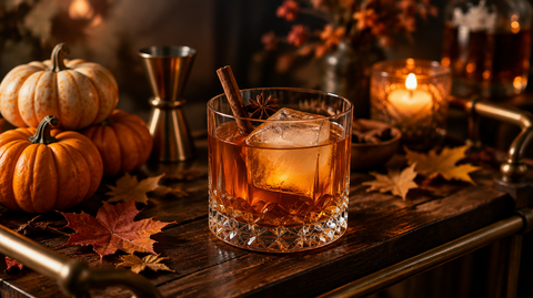 Pumpkin Spice Old Fashioned cocktail in a crystal rocks glass garnished with a cinnamon stick and star anise, styled on a dark wood bar cart with mini pumpkins for a fall cocktail recipe
