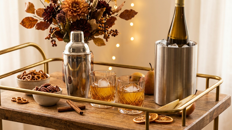 Rustic autumn home bar cart styled for an Oktoberfest party with a cocktail shaker, chilled wine bottle, and amber whiskey cocktails