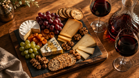 Overhead wine and cheese board with brie, aged gouda, manchego, and blue cheese paired with glasses of red wine and a crystal wine decanter