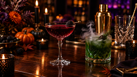 Halloween cocktail recipes styled on a dark bar top with a crimson martini in a crystal coupe, green punch, gold cocktail shaker and candles