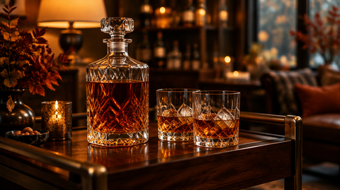 Cut-crystal whiskey decanter filled with amber bourbon beside two rocks glasses on a walnut home bar cart