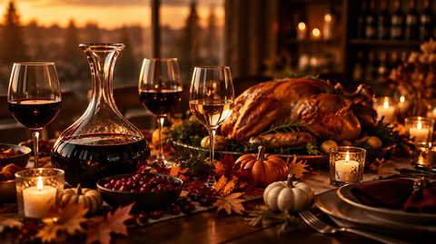 Thanksgiving dinner table with roasted turkey, crystal wine decanter and glasses of red and white wine for a Thanksgiving wine pairing guide