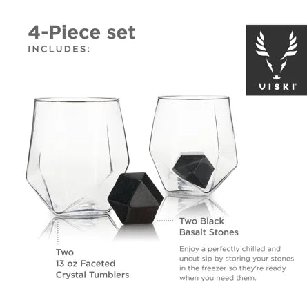 4-Piece Faceted Tumbler & Hexagonal Basalt Stone Set by Visk