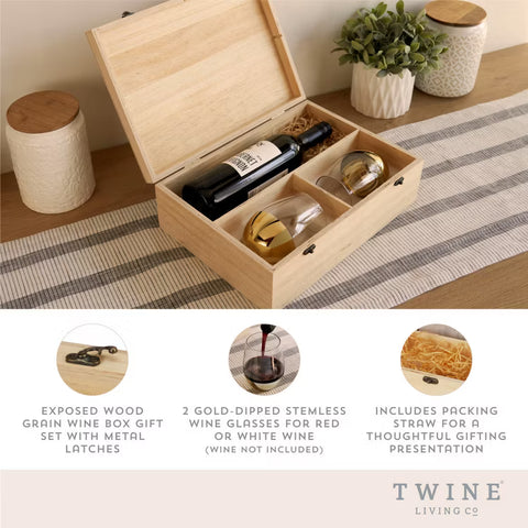 Wood Wine Box with 2 Stemless Glasses Twine®