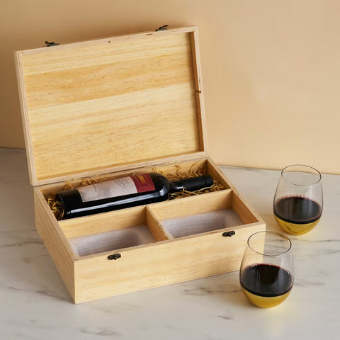 Wood Wine Box with 2 Stemless Glasses Twine®