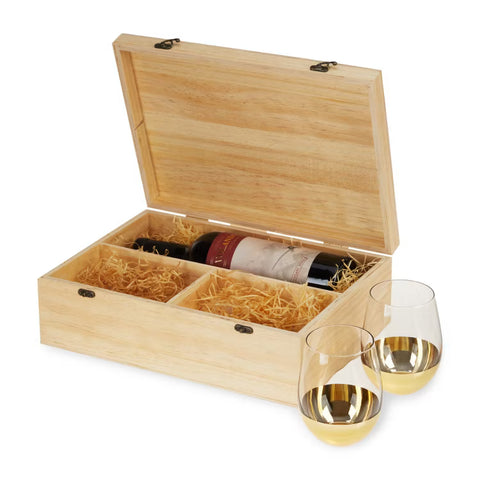 Wood Wine Box with 2 Stemless Glasses Twine®