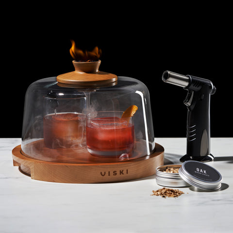 Alchemi cocktail smoking dome kit with oak wood chips and torch — premium home bar smoking set by Viski