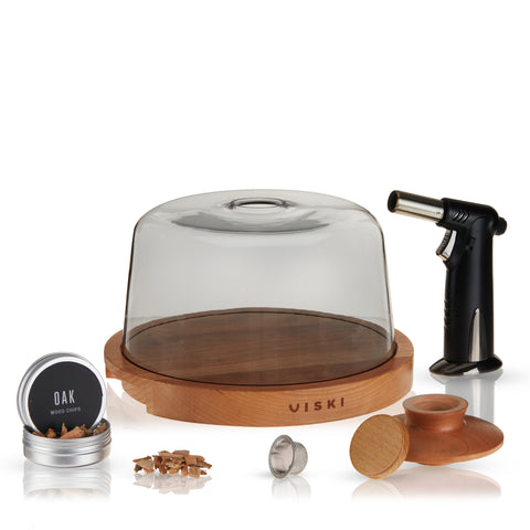 Viski Alchemi Cocktail Smoking Dome Kit — glass dome with wooden tray and butane torch, 5-piece smoked cocktail set
