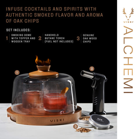 Alchemi cocktail smoking dome lifestyle shot — smoked Old Fashioned home bar setup by Viski